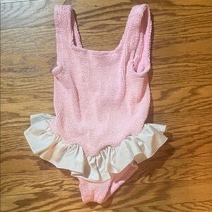 Hunza G Pink Textured One-Piece with Ivory Ruffle